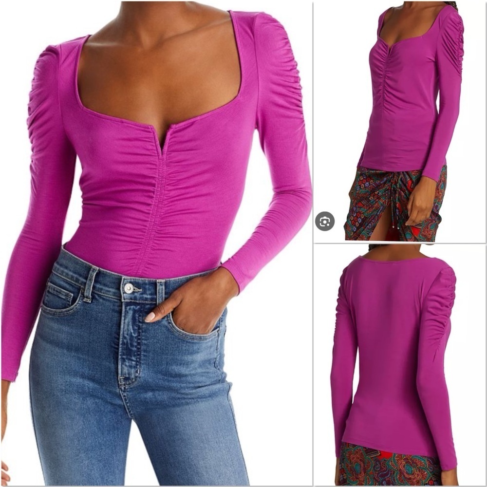Veronica Beard Priyanka magenta ruched v-neck stretch modal long sleeve top